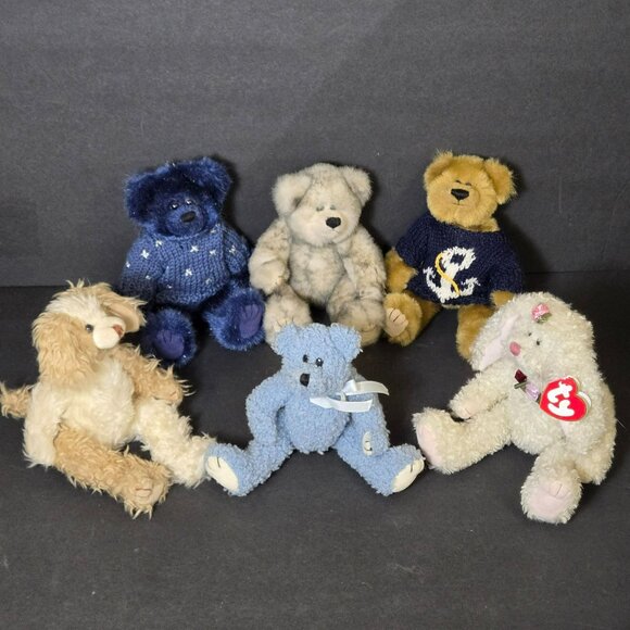 Lot (6) Vintage 1990s TY Jointed Plush Animals Bear Bunny Dog Attic Treasures - Picture 1 of 13